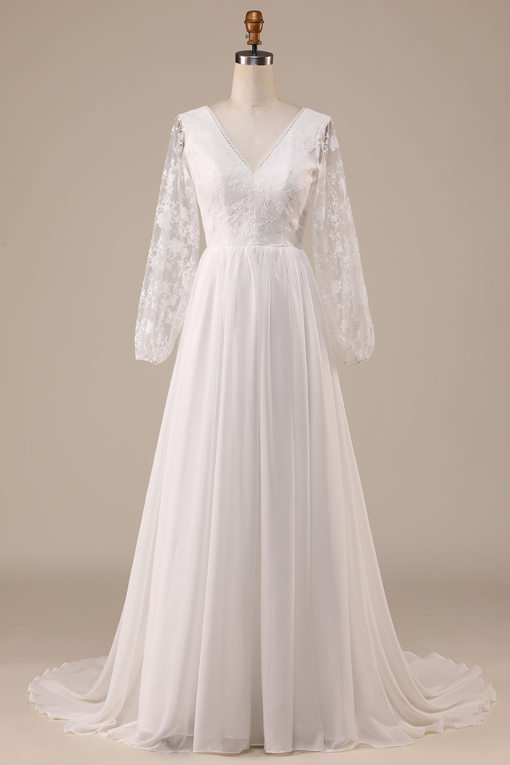 Ivory A Line Sweep Train Chiffon Boho Wedding Dress with Lace