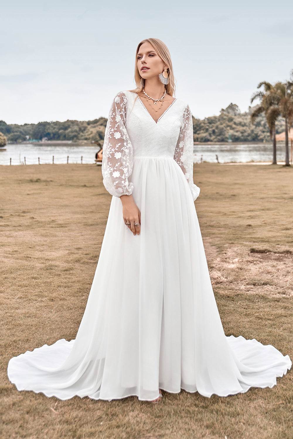 Wedtrend Women Bridal Dress Ivory A Line Sweep Train Chiffon Boho Wedding Dress with Lace WEDTREND Wedtrend Women Bridal Dress Ivory A Line Sweep Train Chiffon Boho Wedding Dress with Lace WEDTREND