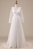 Ivory A Line Sweep Train Chiffon Boho Wedding Dress with Lace