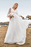 Ivory A Line Sweep Train Chiffon Boho Wedding Dress with Lace