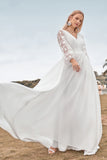 Ivory A Line Sweep Train Chiffon Boho Wedding Dress with Lace