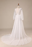 Ivory A Line Sweep Train Chiffon Boho Wedding Dress with Lace