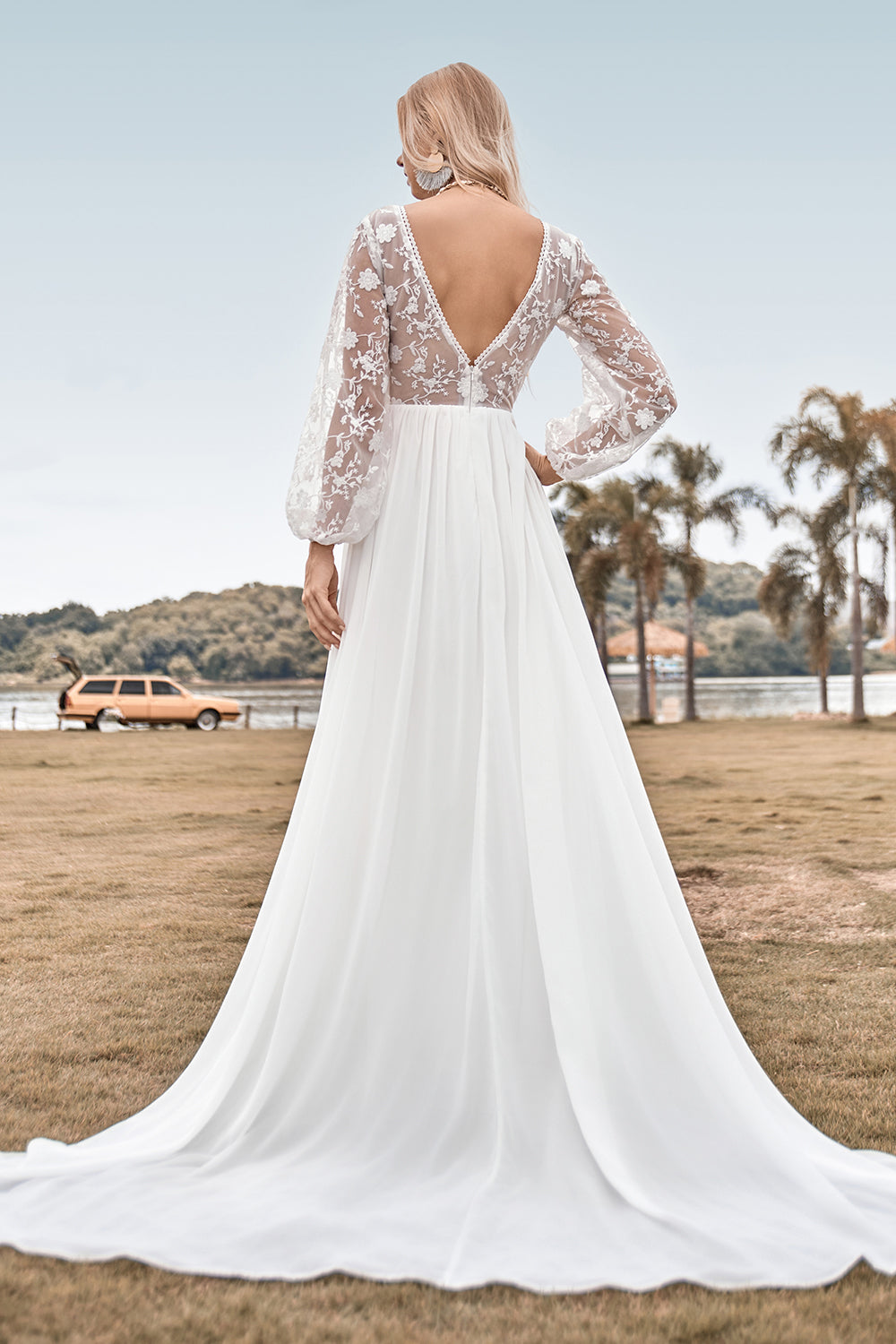 Wedtrend Women Bridal Dress Ivory A Line Sweep Train Chiffon Boho Wedding Dress with Lace, Ivory / US2 Wedtrend Women Bridal Dress Ivory A Line Sweep Train Chiffon Boho Wedding Dress with Lace, Ivory / US2