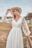 Ivory A Line Sweep Train Chiffon Boho Wedding Dress with Lace