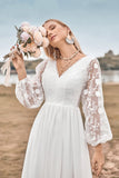 Ivory A Line Sweep Train Chiffon Boho Wedding Dress with Lace