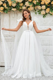 Ivory A Line V-Neck Polka dots Sweep Train Tulle Wedding Dress