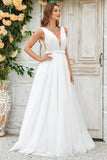 Ivory A Line V-Neck Polka dots Sweep Train Tulle Wedding Dress