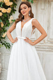 Ivory A Line V-Neck Polka dots Sweep Train Tulle Wedding Dress