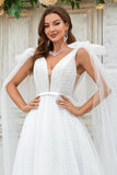 Ivory A Line V-Neck Polka dots Sweep Train Tulle Wedding Dress