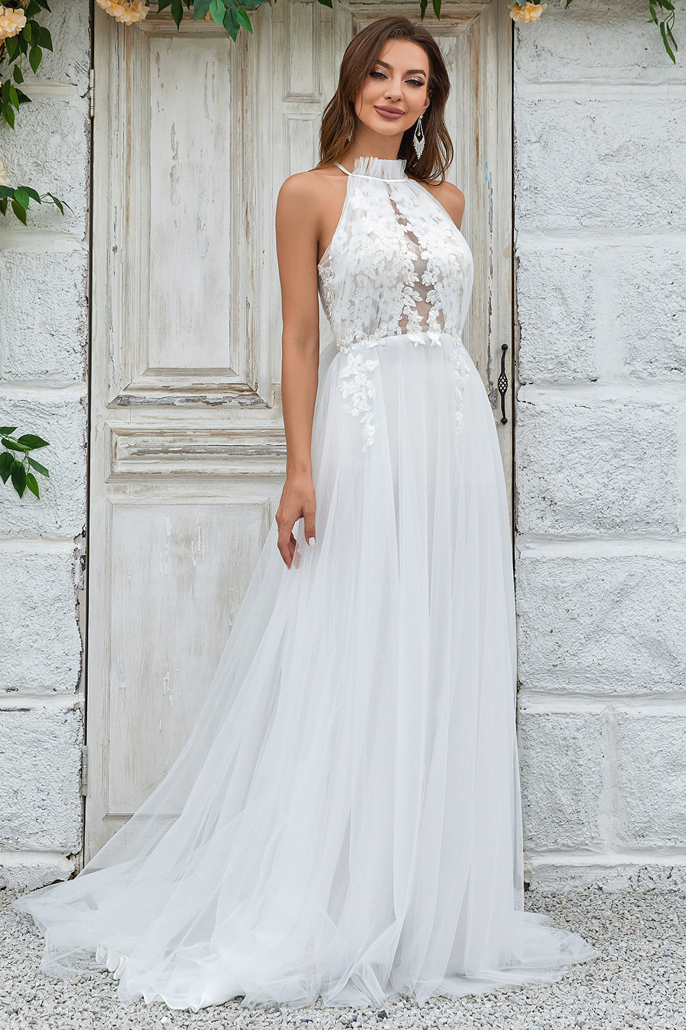 Wedtrend Women Bridal Dress Ivory A-Line Halter Sweep Train Tulle Boho Wedding Dress with Lace WEDTREND Wedtrend Women Bridal Dress Ivory A-Line Halter Sweep Train Tulle Boho Wedding Dress with Lace WEDTREND