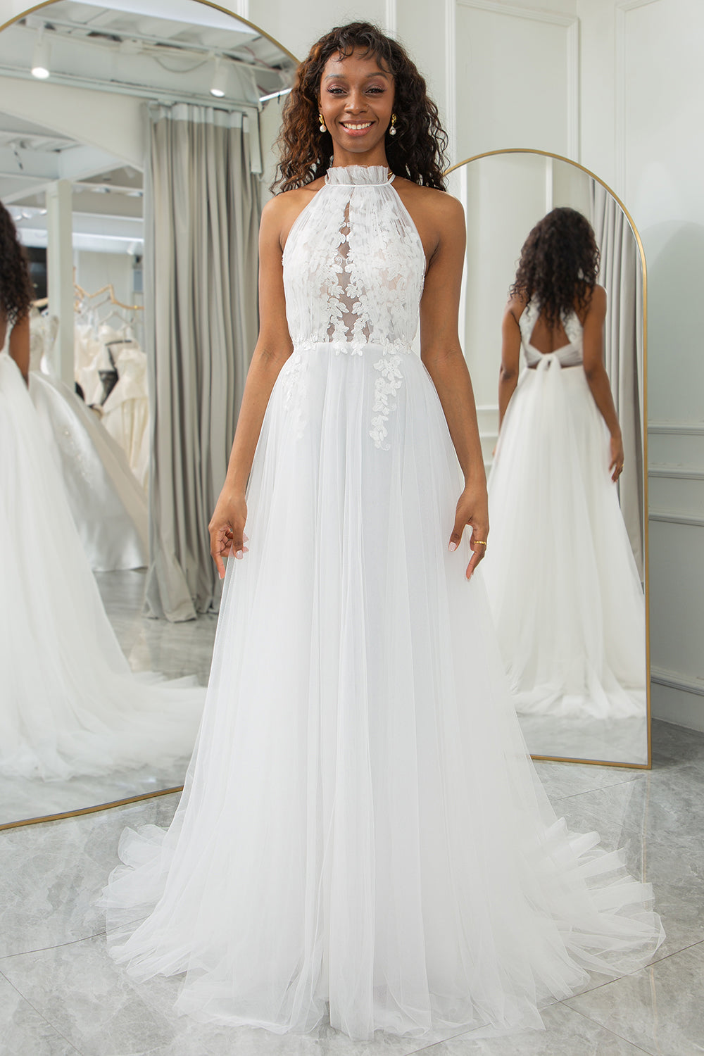 Wedtrend Women Ivory Wedding Dress A-Line Halter Sweep Train Tulle