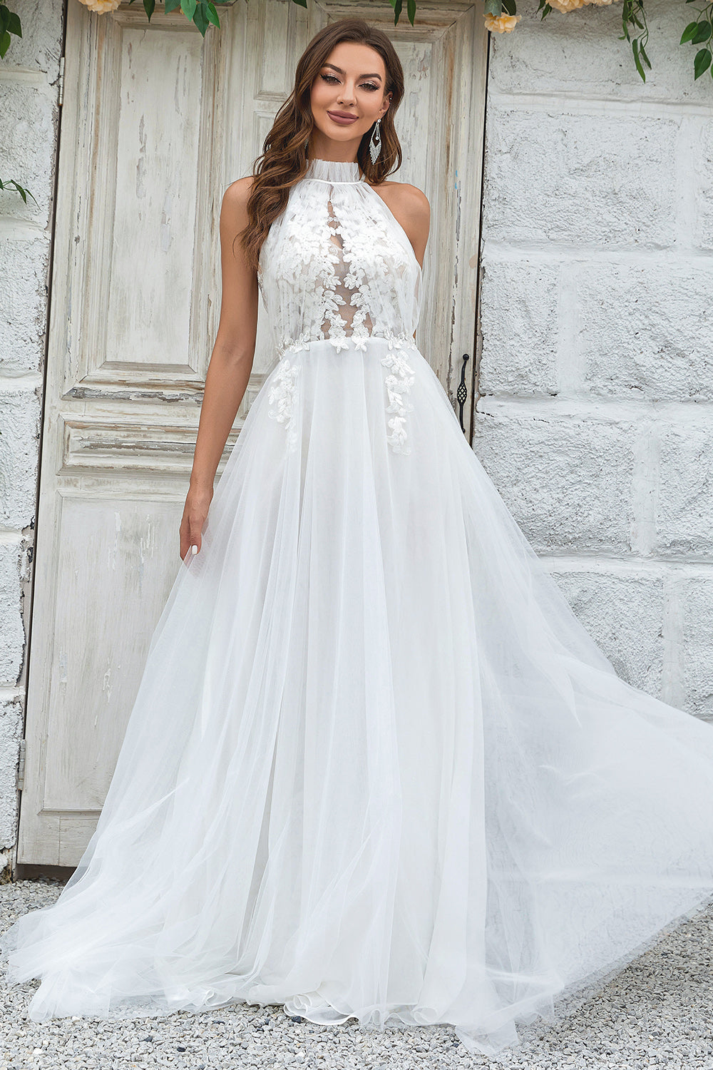 Wedtrend Women Bridal Dress Ivory A-Line Halter Sweep Train Tulle Boho Wedding Dress with Lace WEDTREND Wedtrend Women Bridal Dress Ivory A-Line Halter Sweep Train Tulle Boho Wedding Dress with Lace WEDTREND