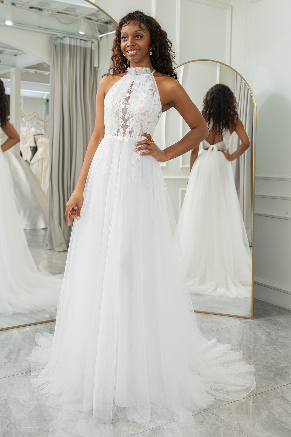 Wedtrend Women Ivory Wedding Dress A-Line Halter Sweep Train Tulle Boho Bridal Dress with Lace WEDTREND Wedtrend Women Ivory Wedding Dress A-Line Halter Sweep Train Tulle Boho Bridal Dress with Lace WEDTREND