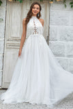 Ivory A-Line Halter Sweep Train Tulle Boho Wedding Dress with Lace