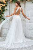 Ivory A-Line Halter Sweep Train Tulle Boho Wedding Dress with Lace