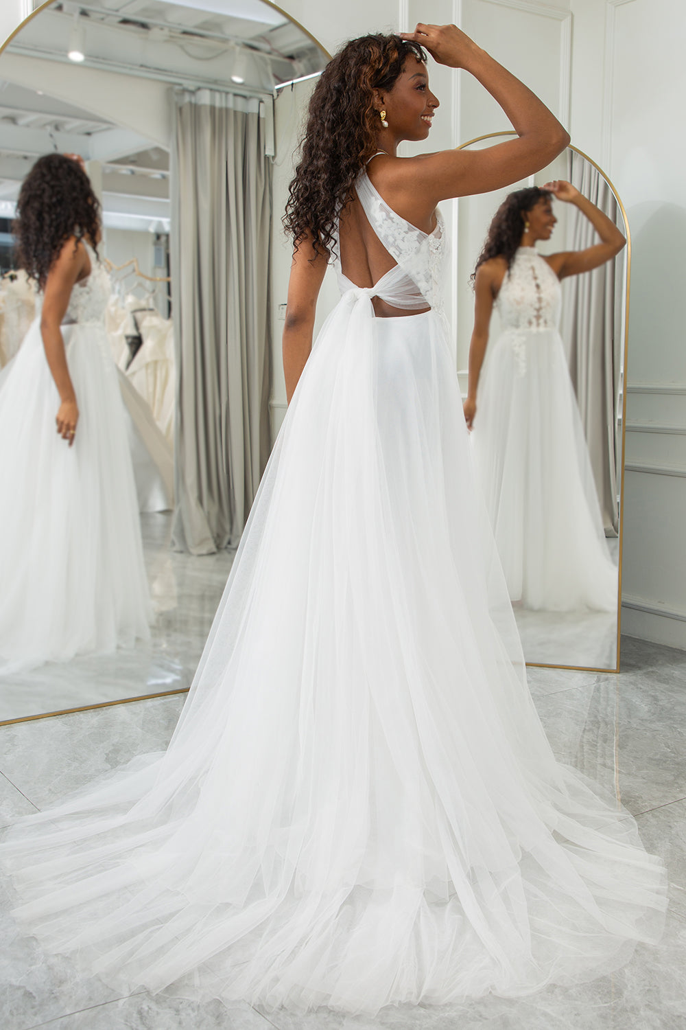 Wedtrend Women Ivory Wedding Dress A-Line Halter Sweep Train Tulle Boho Bridal Dress with Lace WEDTREND Wedtrend Women Ivory Wedding Dress A-Line Halter Sweep Train Tulle Boho Bridal Dress with Lace WEDTREND