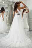 Ivory A-Line Halter Sweep Train Tulle Boho Bridal Dress with Lace