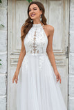 Ivory A-Line Halter Sweep Train Tulle Boho Wedding Dress with Lace