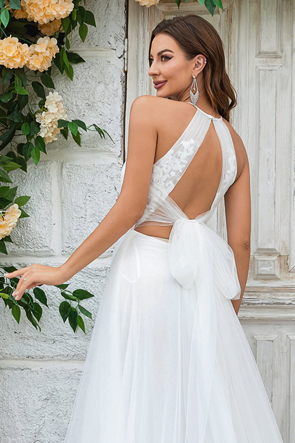 Wedtrend Women Bridal Dress Ivory A-Line Halter Sweep Train Tulle Boho Wedding Dress with Lace WEDTREND Wedtrend Women Bridal Dress Ivory A-Line Halter Sweep Train Tulle Boho Wedding Dress with Lace WEDTREND