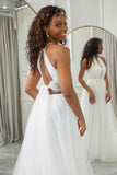 Ivory A-Line Halter Sweep Train Tulle Boho Bridal Dress with Lace