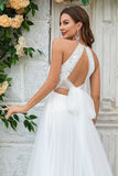 Ivory A-Line Halter Sweep Train Tulle Boho Wedding Dress with Lace