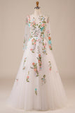 Ivory Flower A-Line Round Neck Sweep Train Wedding Dress with Long Sleeves