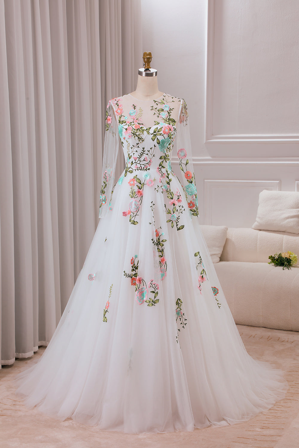 Wedtrend Women Bridal Dress Ivory Flower A-Line Round Neck Sweep Train Wedding Dress with Long Sleeves WEDTREND Wedtrend Women Bridal Dress Ivory Flower A-Line Round Neck Sweep Train Wedding Dress with Long Sleeves WEDTREND