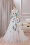 Ivory Flower A-Line Round Neck Tulle Wedding Dress with Long Sleeves