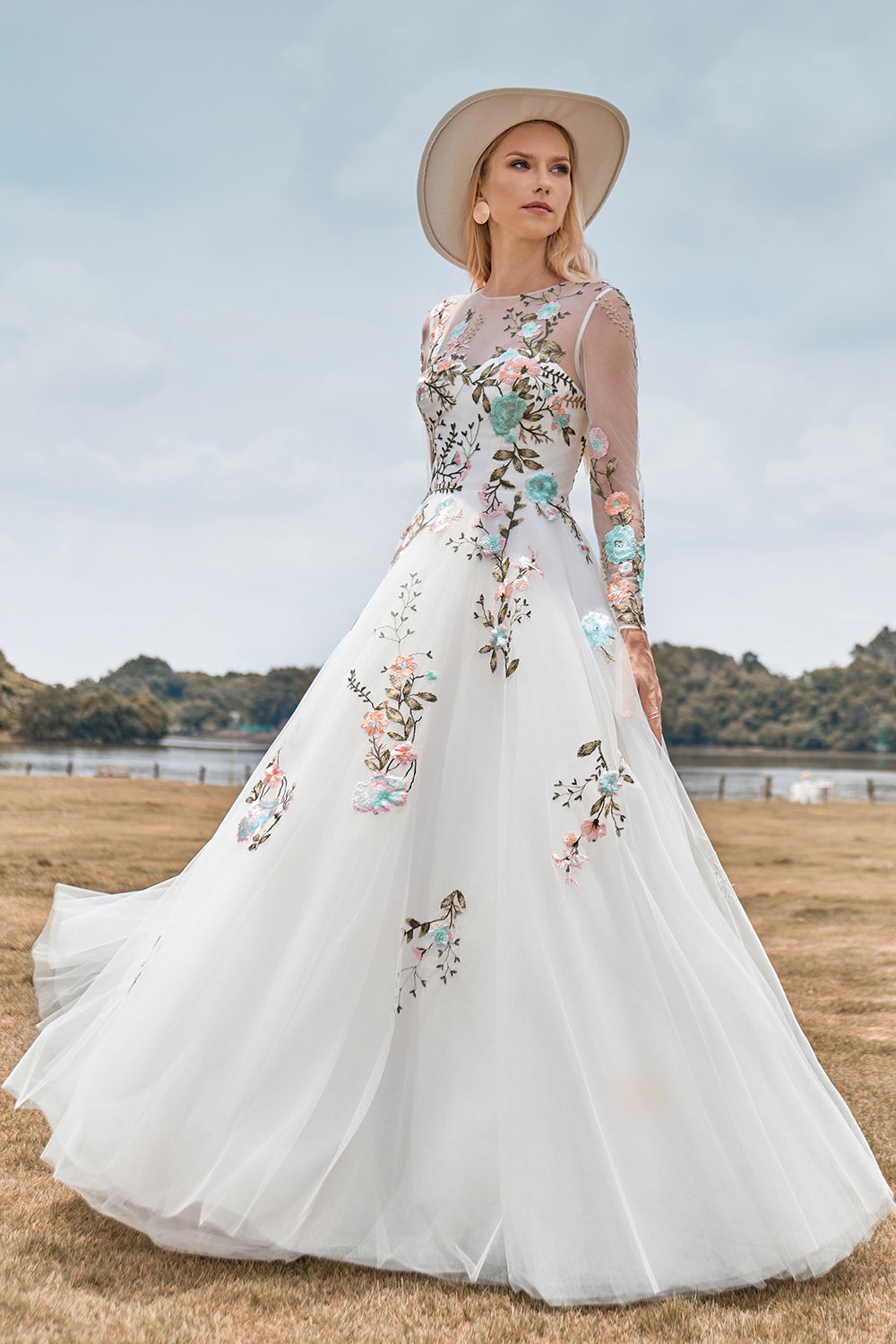 Wedtrend Women Ivory Flower Bridal Dress A-Line Round Neck Long Wedding Dress with Long Sleeves WEDTREND Wedtrend Women Ivory Flower Bridal Dress A-Line Round Neck Long Wedding Dress with Long Sleeves WEDTREND