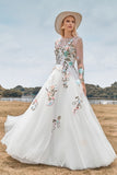 Ivory Flower A-Line Round Neck Tulle Wedding Dress with Long Sleeves