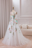 Ivory Flower A-Line Round Neck Tulle Wedding Dress with Long Sleeves