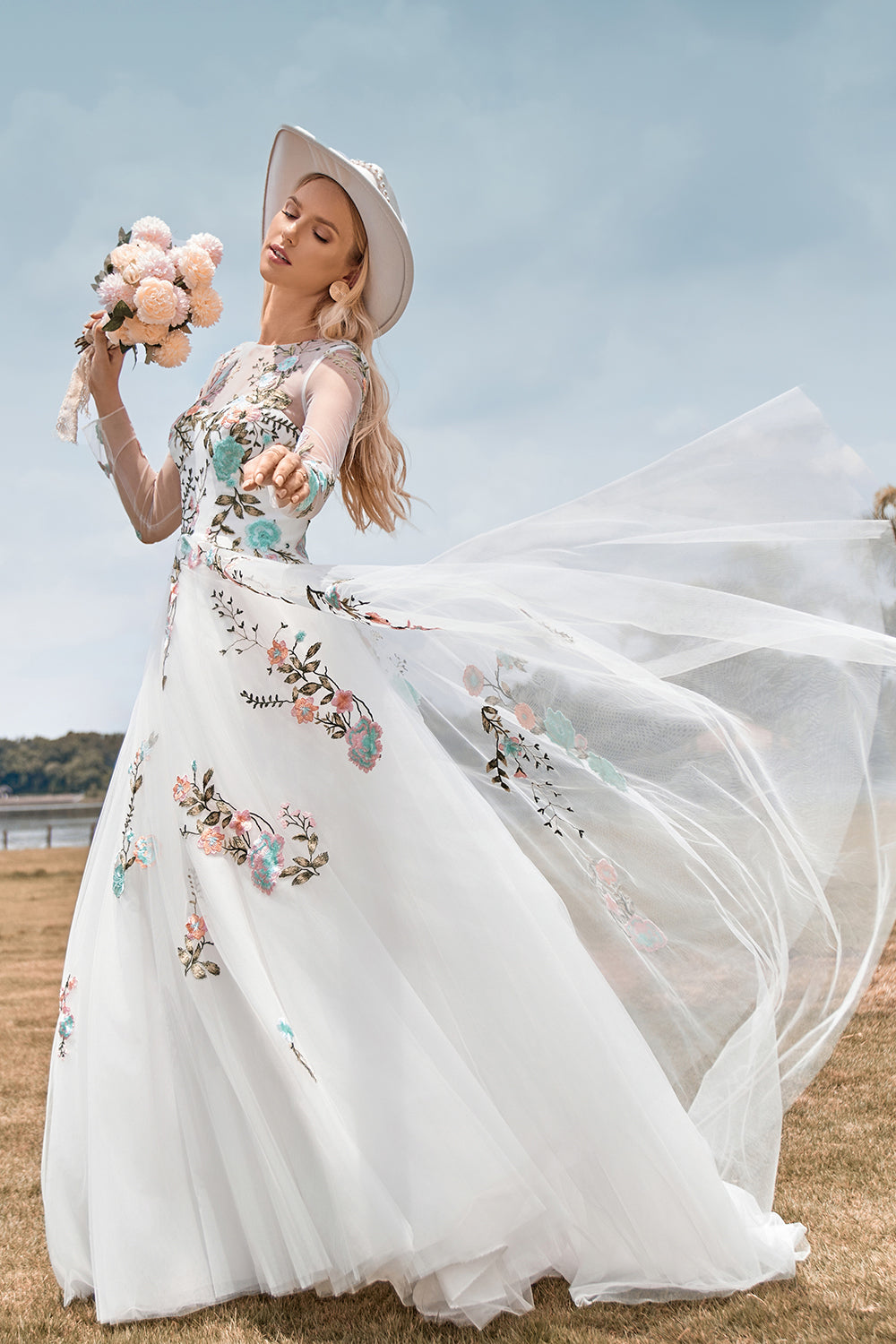 Wedtrend Women Ivory Flower Bridal Dress A-Line Round Neck Long Wedding Dress with Long Sleeves – WEDTREND Wedtrend Women Ivory Flower Bridal Dress A-Line Round Neck Long Wedding Dress with Long Sleeves – WEDTREND