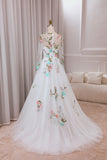 Ivory Flower A-Line Round Neck Tulle Wedding Dress with Long Sleeves