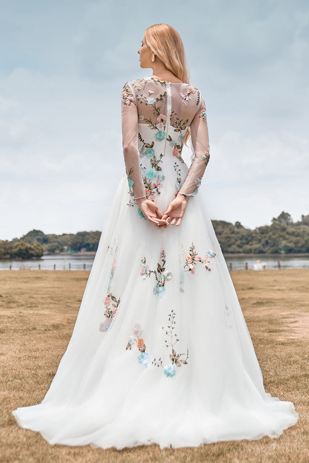 Wedtrend Women Ivory Flower Bridal Dress A-Line Round Neck Long Wedding Dress with Long Sleeves WEDTREND Wedtrend Women Ivory Flower Bridal Dress A-Line Round Neck Long Wedding Dress with Long Sleeves WEDTREND