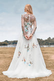 Ivory Flower A-Line Round Neck Sweep Train Wedding Dress with Long Sleeves