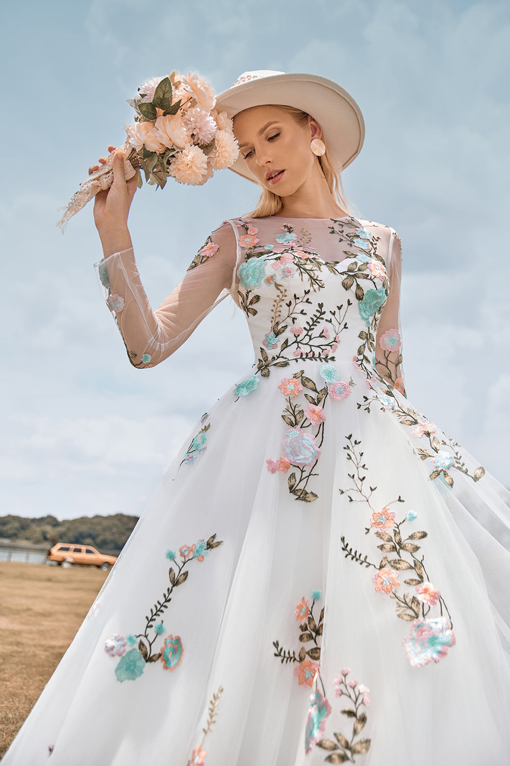 Wedtrend Women Ivory Flower Bridal Dress A-Line Round Neck Long Wedding Dress with Long Sleeves WEDTREND Wedtrend Women Ivory Flower Bridal Dress A-Line Round Neck Long Wedding Dress with Long Sleeves WEDTREND
