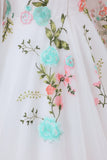 Ivory Flower A-Line Round Neck Tulle Wedding Dress with Long Sleeves