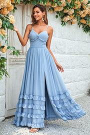 Dusty Blue Spaghetti Straps Corset Long Prom Dress With Criss Cross Back