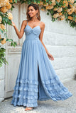 Dusty Blue Spaghetti Straps Corset Long Wedding Party Dress With Criss Cross Back