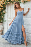 Dusty Blue Spaghetti Straps Corset Long Prom Dress With Criss Cross Back