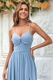 Dusty Blue Spaghetti Straps Corset Long Prom Dress With Criss Cross Back