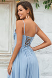 Dusty Blue Spaghetti Straps Corset Long Prom Dress With Criss Cross Back