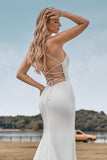 Ivory Mermaid Cowl Neck Simple Sweep Train Wedding Dress