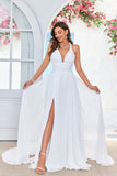 Ivory A Line Halter Court Train Wedding Dress with Sleeveless