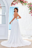 Ivory A Line Halter Court Train Wedding Dress with Sleeveless