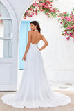 Ivory A Line Halter Court Train Wedding Dress with Sleeveless