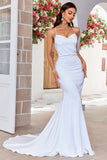 White Mermaid Lace-Up Back Sweep Train Stretch Satin Wedding Dress