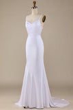 White Mermaid Lace-Up Back Sweep Train Stretch Satin Wedding Dress