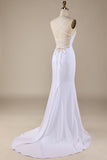 White Mermaid Lace-Up Back Sweep Train Stretch Satin Wedding Dress