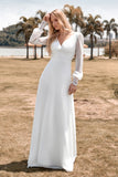 Ivory A Line V-Neck Floor Length Wedding Dress With Long Sleeves